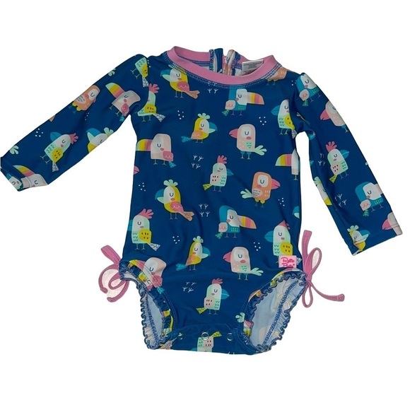 RuffleButts Rash Guard Swimsuit - You're the Tweetest 6-12 M - Picture 1 of 5
